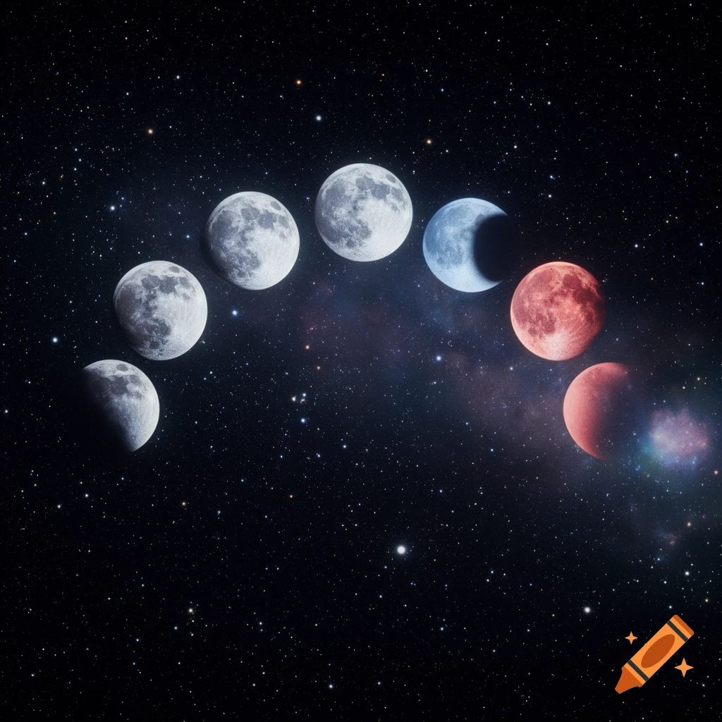 A sequence of moons in various phases, including white, blue, and red, against a dark, starry space background with a subtle nebula.