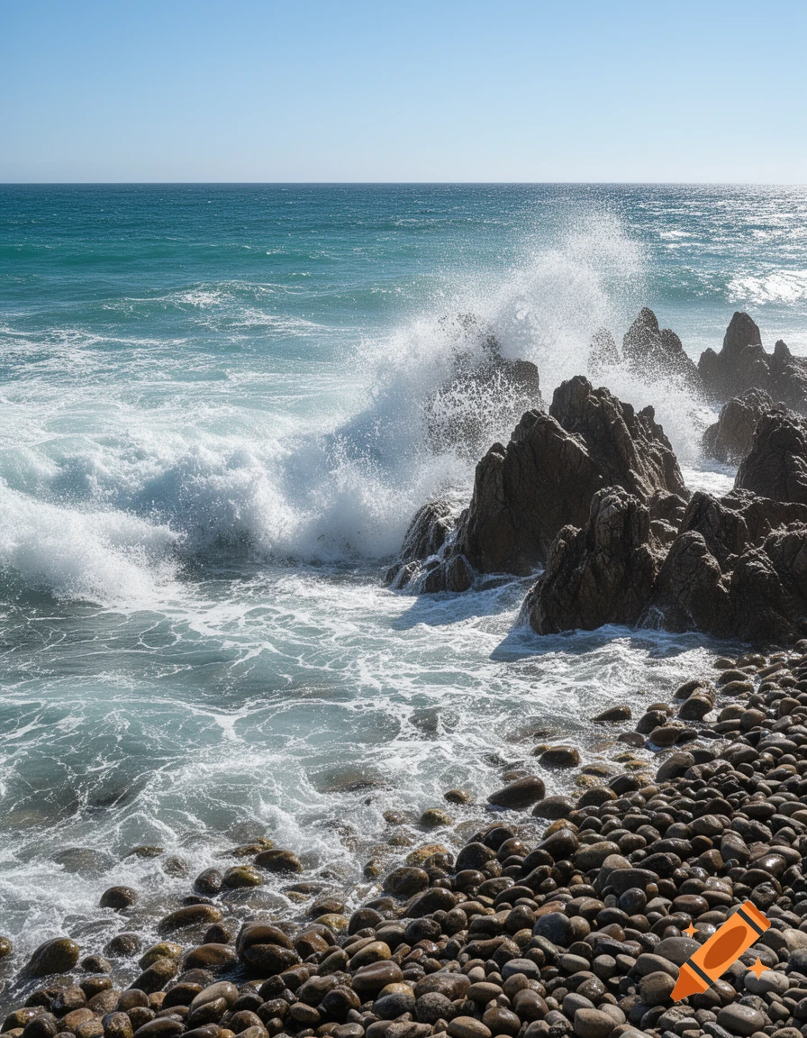 Photorealistic image of powerful waves crashing against dark rocks on a pebble beach under a clear blue sky.