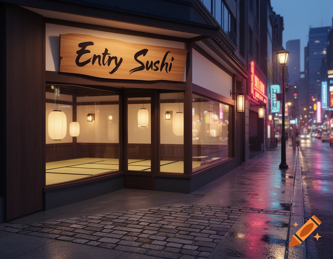 A photorealistic Japanese sushi restaurant, 'Entry Sushi,' on a wet city street at night with neon reflections.