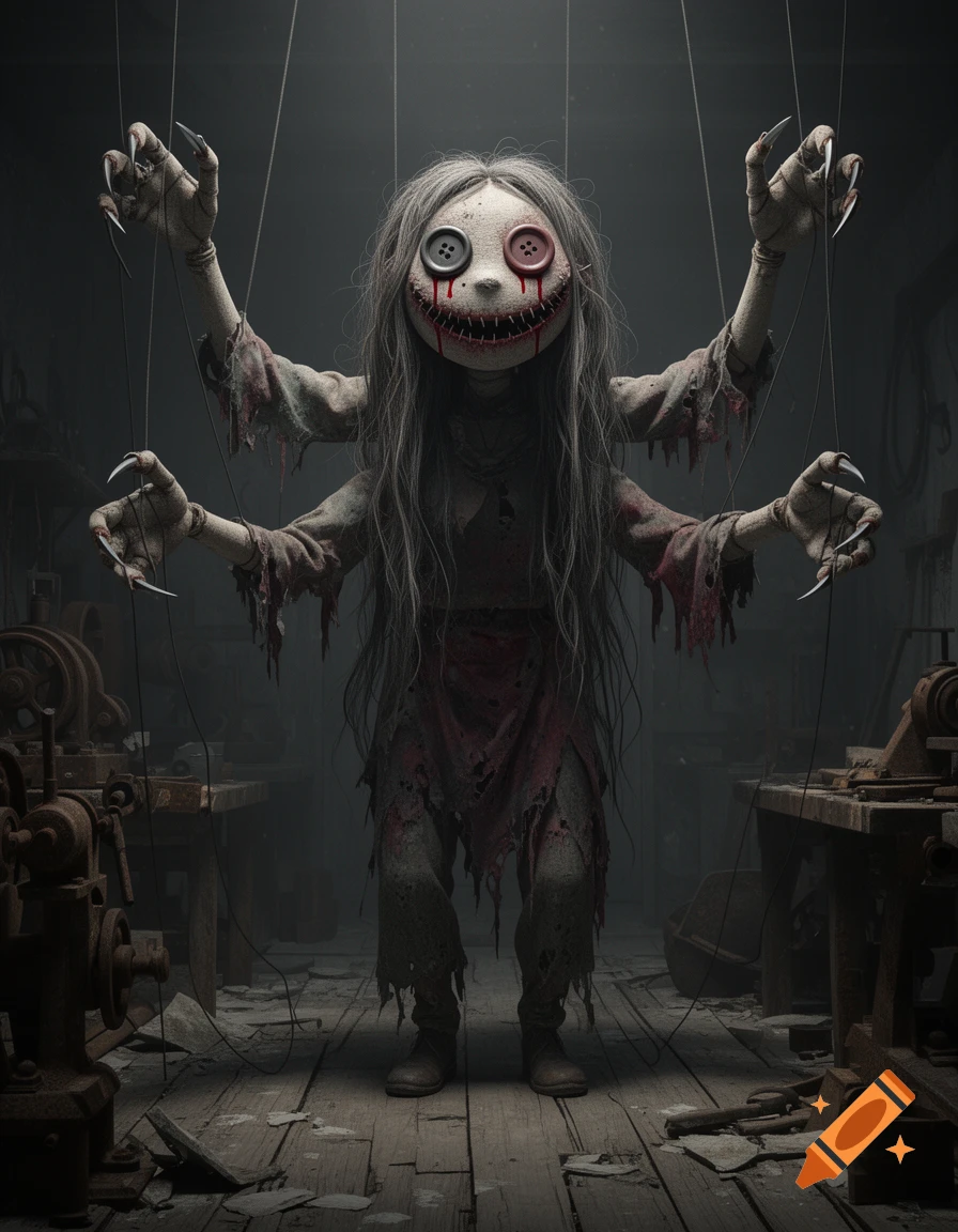 A creepy, four-armed puppet monster with button eyes, a stitched smile, and blood-like tears hangs from strings in a dark workshop.