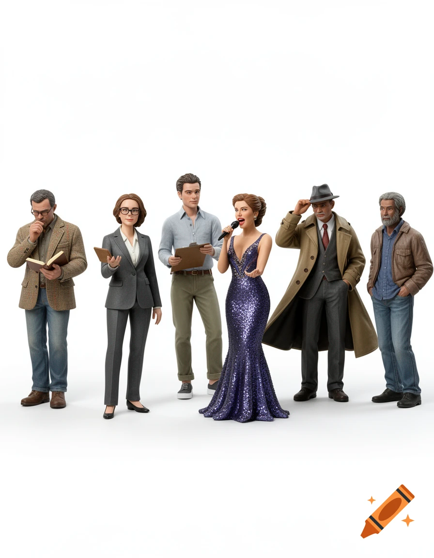 Six realistic 3D figurine characters, including an author, an editor, a producer, a singer, a detective, and a witness, stand on a white background.