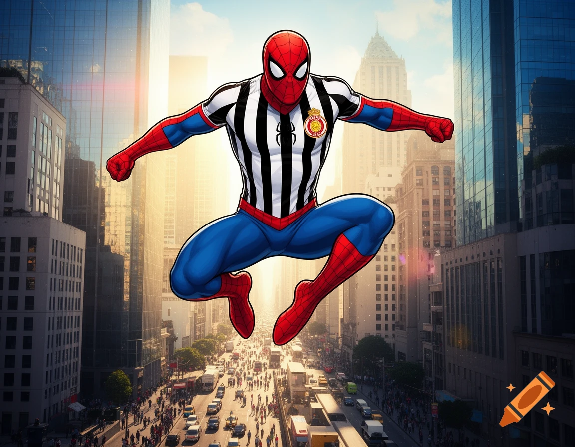 Comic-style Spiderman in a black and white striped jersey with an emblem, leaping above a busy city street at sunrise.