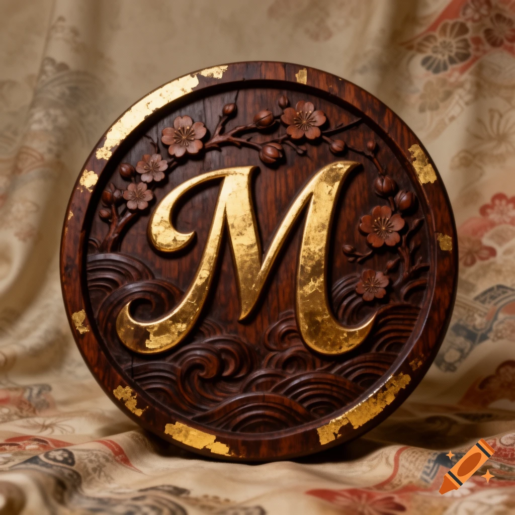 A round, dark wood carving with a large, golden letter 'M', surrounded by sculpted cherry blossoms and waves, resting on patterned fabric in a traditional Japanese art style.