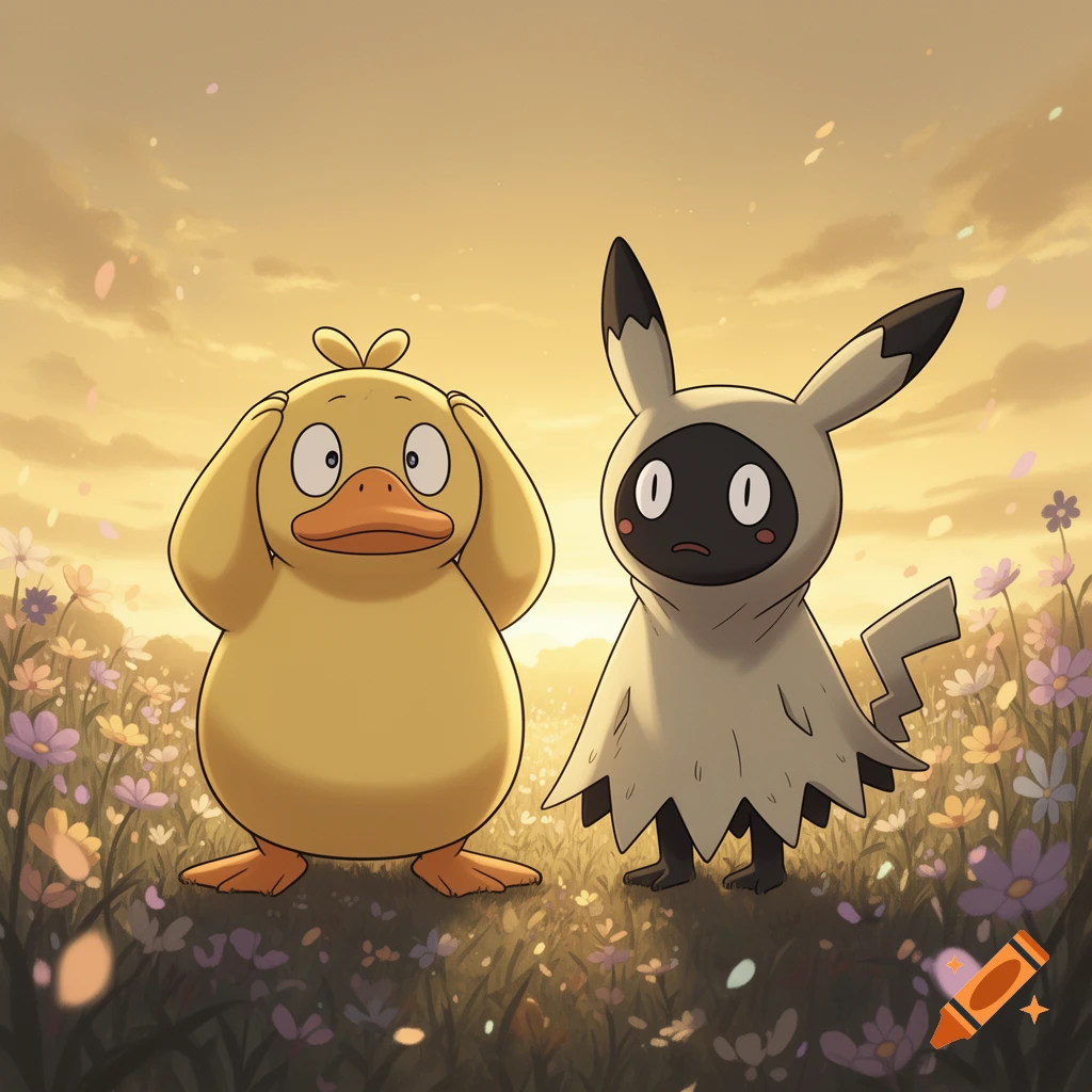 Psyduck and Mimikyu stand together in a vibrant flower field under a golden sunset sky.