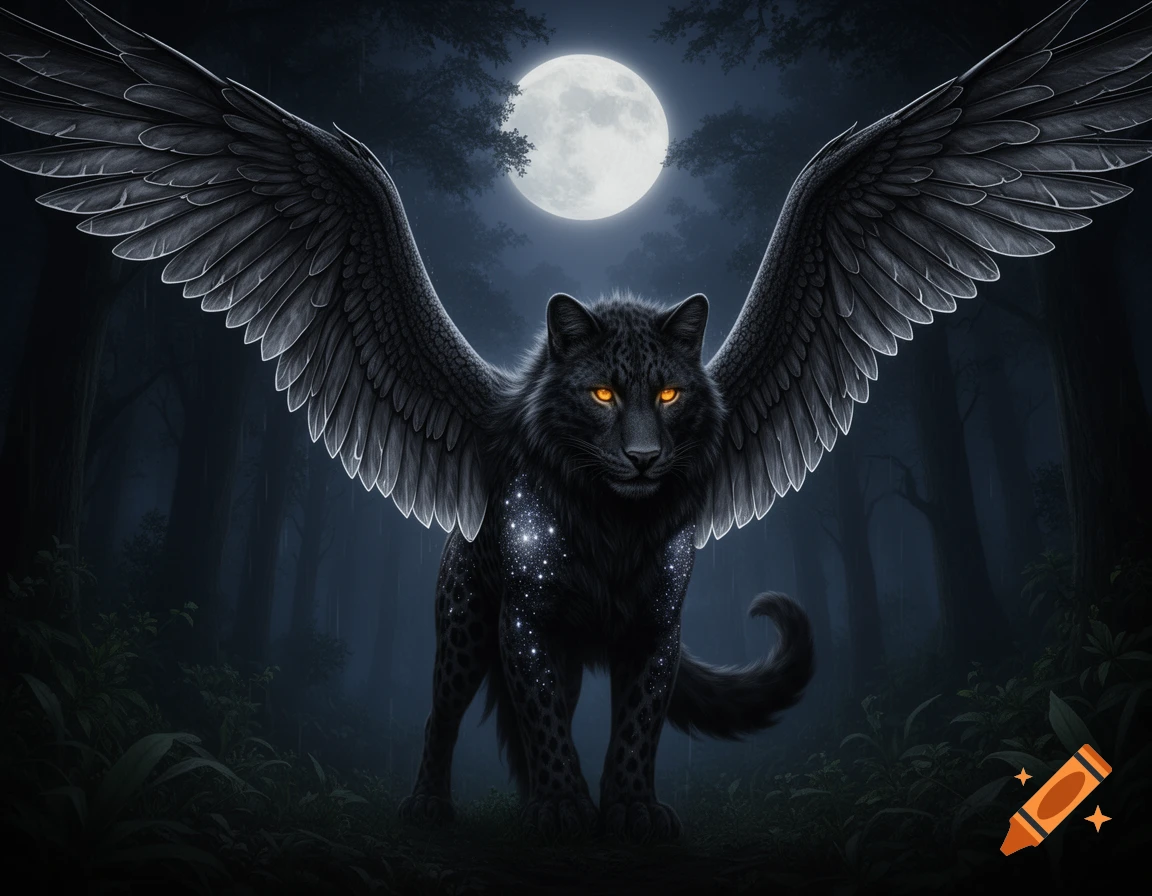 A majestic black winged panther with glowing orange eyes and sparkling fur stands in a dark moonlit forest.