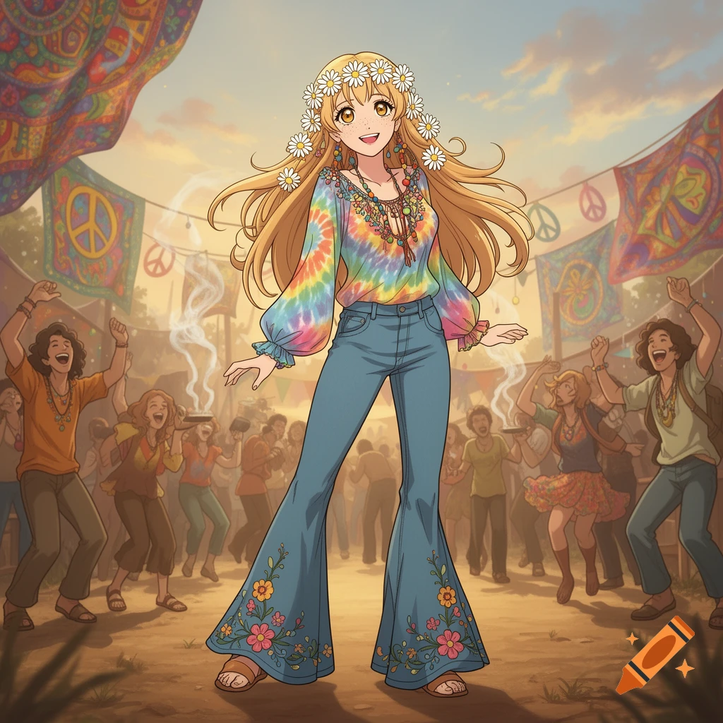 An anime-style hippie woman with long blonde hair and a daisy crown stands smiling in a tie-dye shirt and flared, embroidered jeans at a vibrant festival.