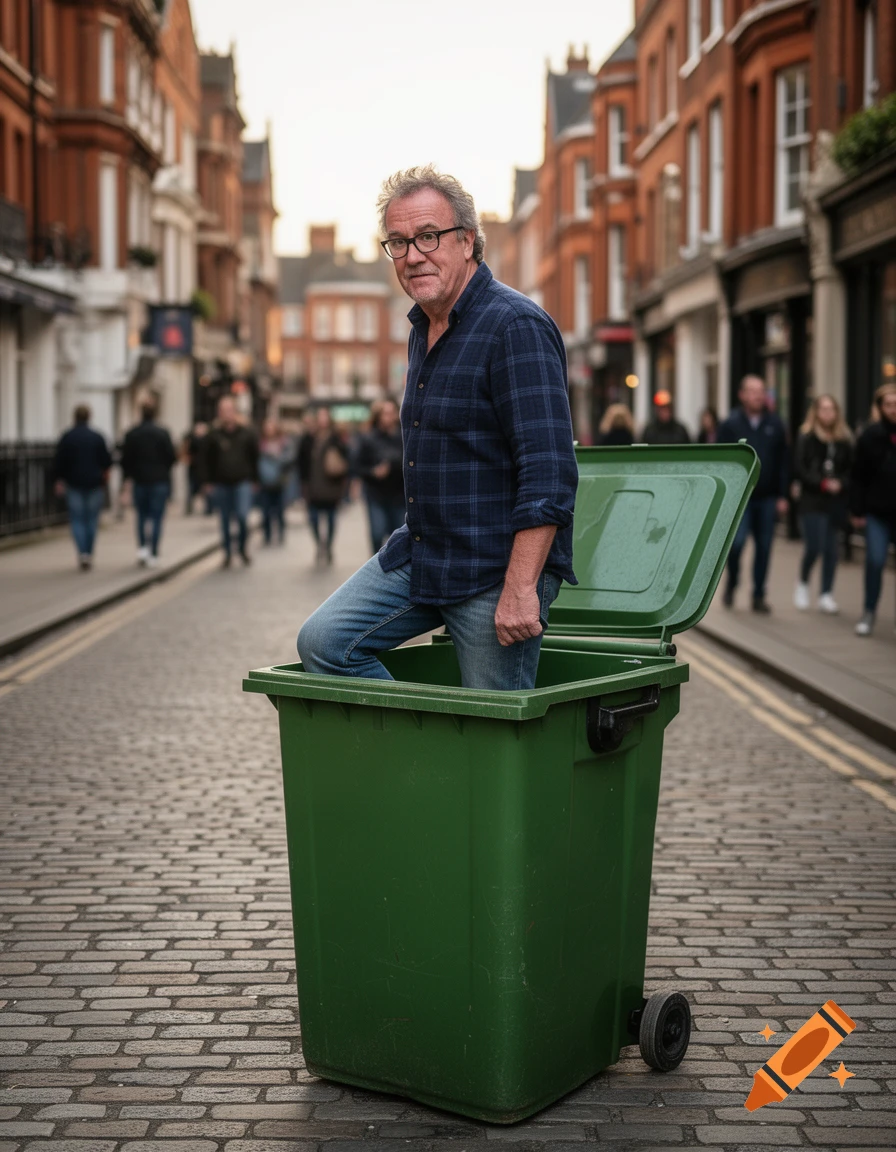 A man in a plaid shirt and jeans stands inside a green garbage bin on a cobblestone street with buildings and people in the background.