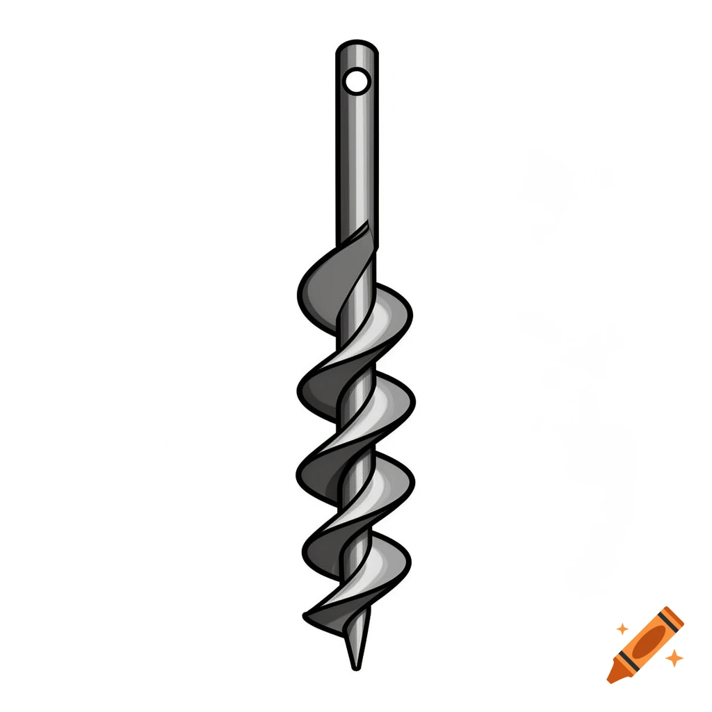A grey bushcraft auger drill bit with a top hole, in a black and white clipart style on a white background.