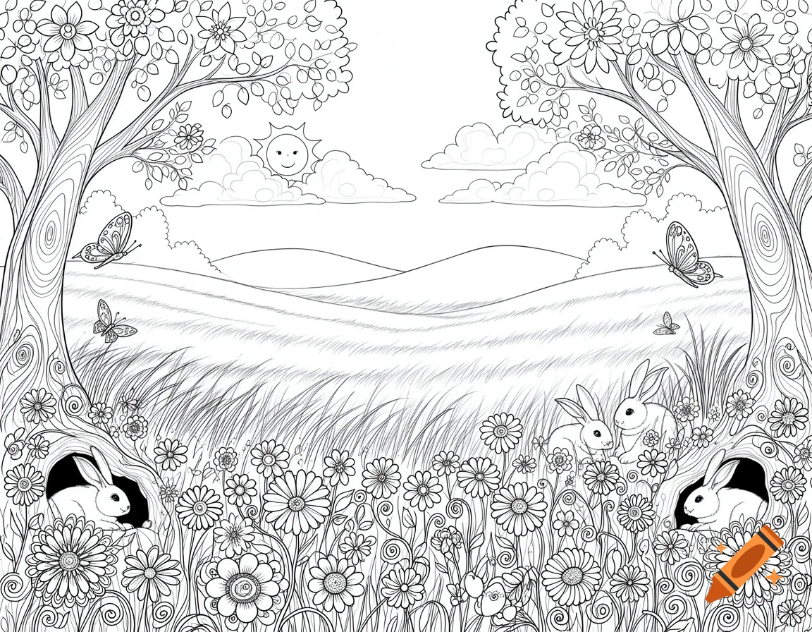 A detailed black and white coloring page of an enchanted meadow with trees, flowers, butterflies, and bunnies emerging from burrows.