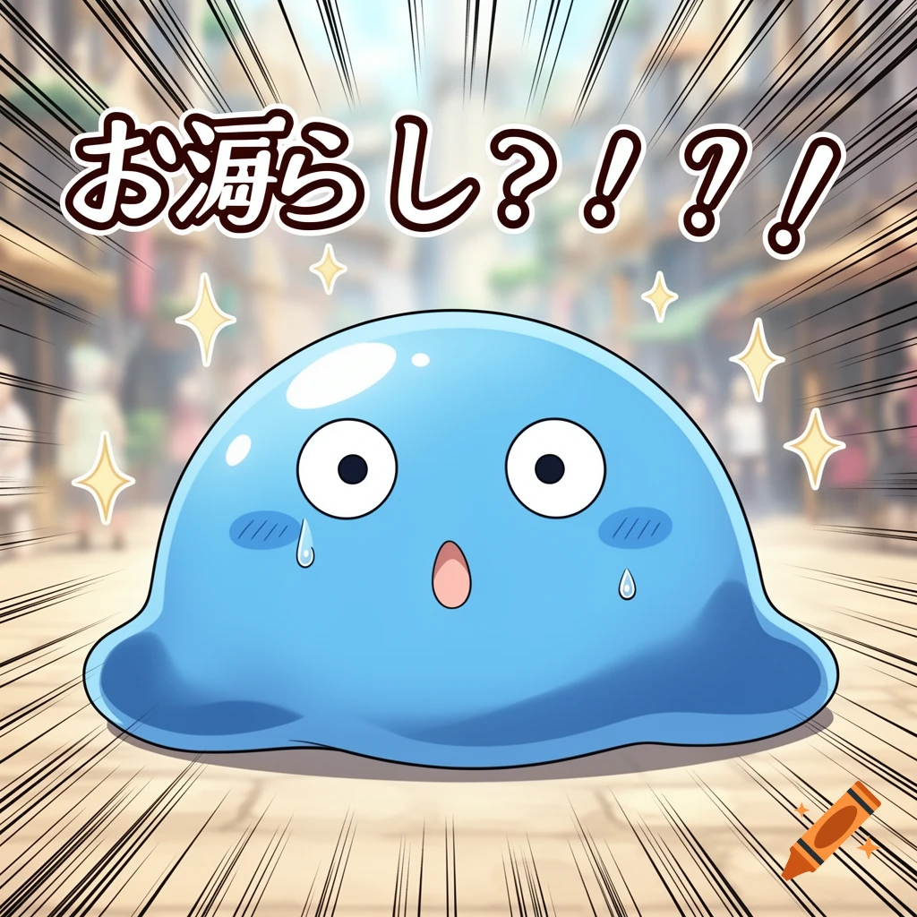 A surprised blue slime with sweat drops and speed lines against a blurred street background. Japanese text above reads "Wet myself?!". It has a cartoonish anime style.