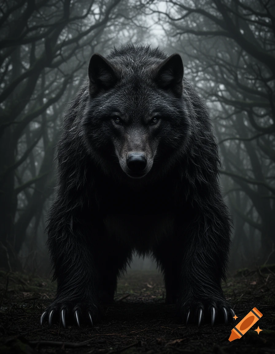 A dark, menacing wolf-bear hybrid creature with glowing eyes stands in a misty, dark forest, looking directly forward.