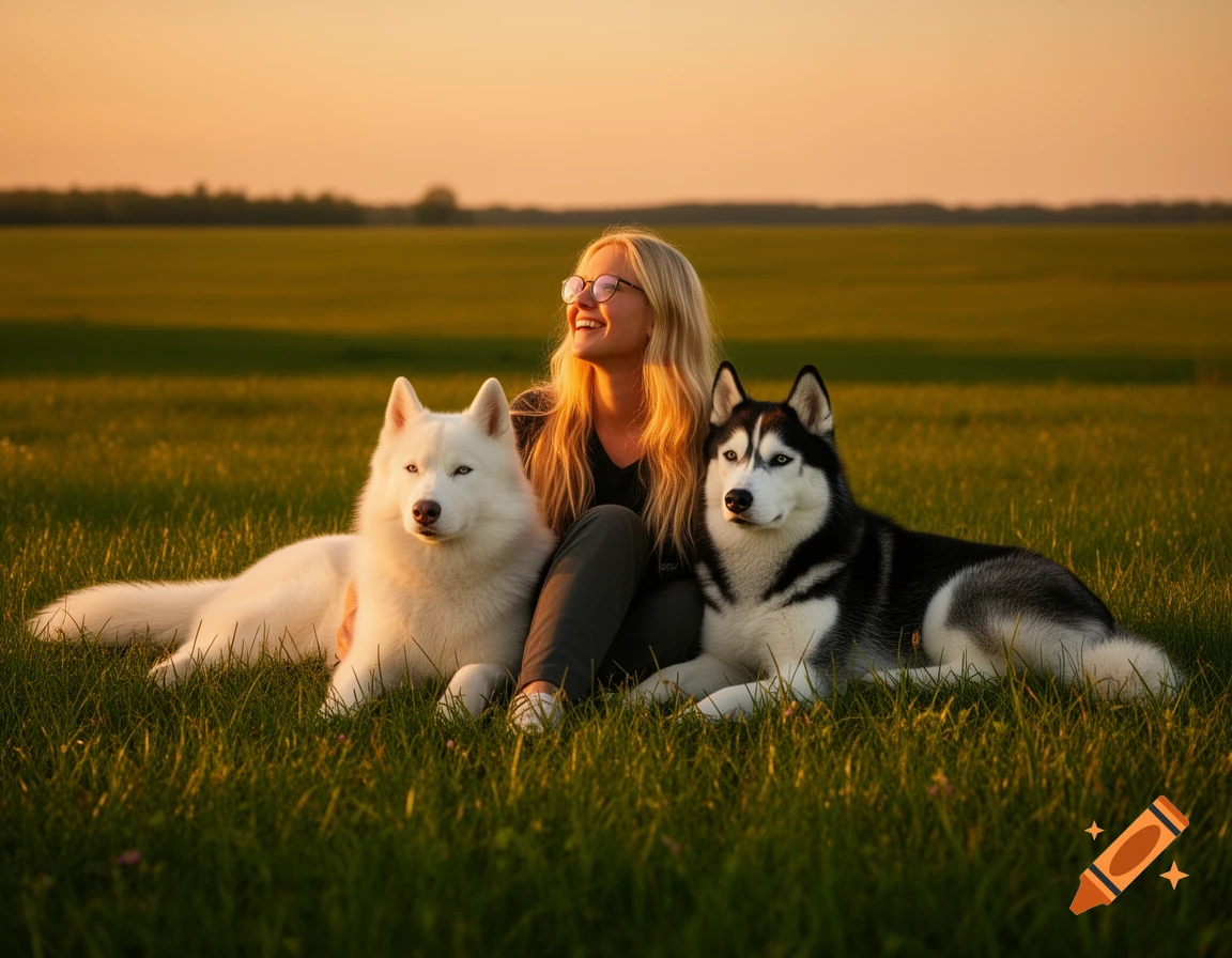 A blonde woman in glasses smiles, sitting in a grassy field at sunset with a white husky and a black-and-white husky.