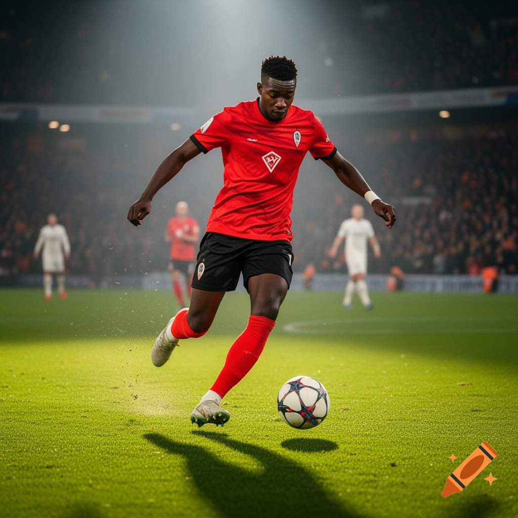 A photorealistic image of a male soccer player in a red and black uniform, dribbling a ball on a green field under stadium lights.
