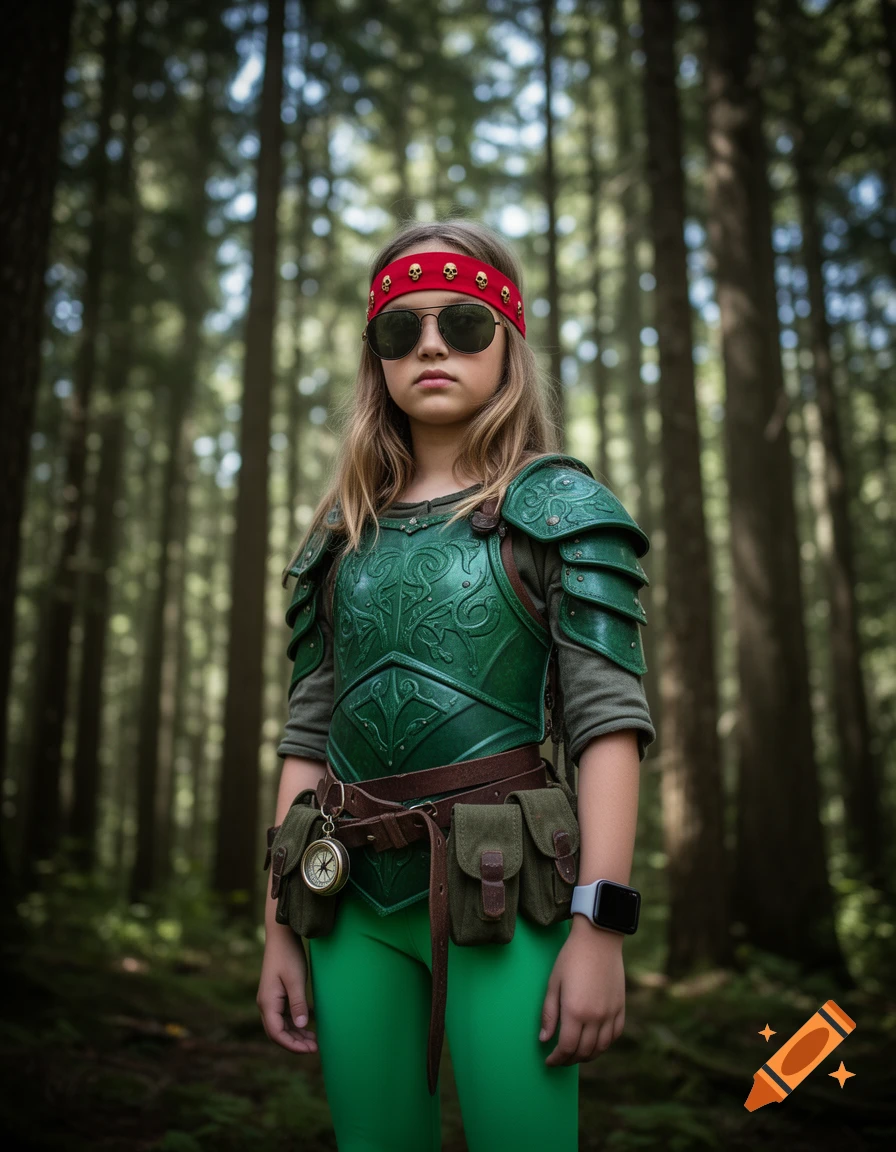 A young girl in green fantasy armor, sunglasses, and a red skull headband stands in a deep forest, a compass on her belt.
