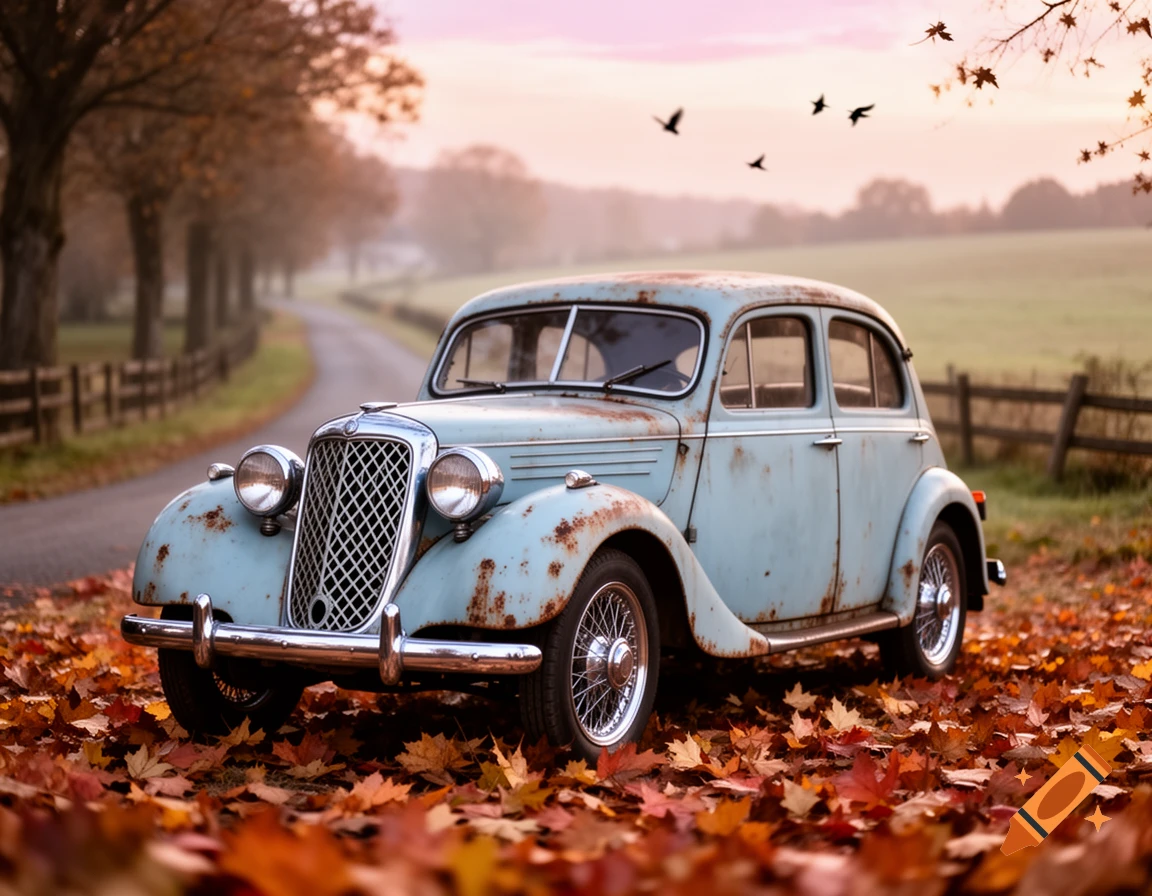 A rusty light blue vintage car parked on a country road covered in orange autumn leaves at sunset.