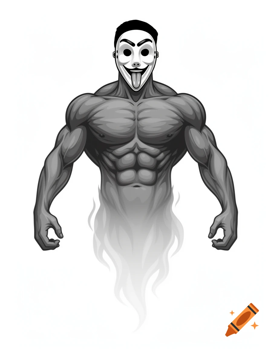A grayscale clipart illustration of a muscular ghost-like figure with a white "Scary Movie" mask and its tongue out.