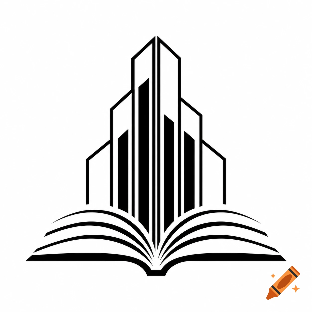 A minimalist black and white logo featuring a stylized city skyline rising from an open book.