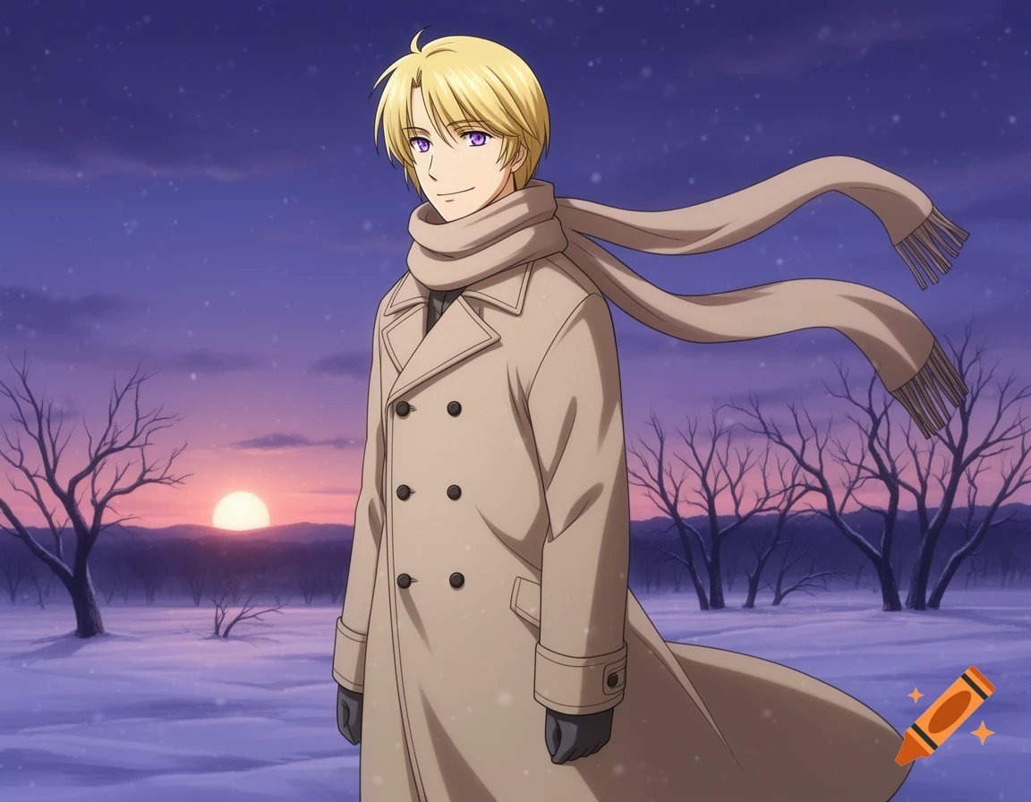 An anime man with blonde hair and purple eyes in a beige trench coat and scarf stands in a snowy winter landscape at sunset.