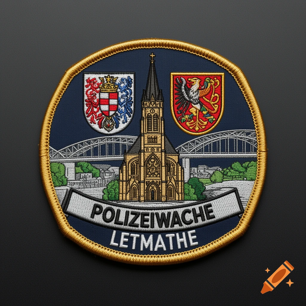 Embroidered police patch for Letmathe, Germany, featuring a church, bridges, and two heraldic shields on a dark blue background.