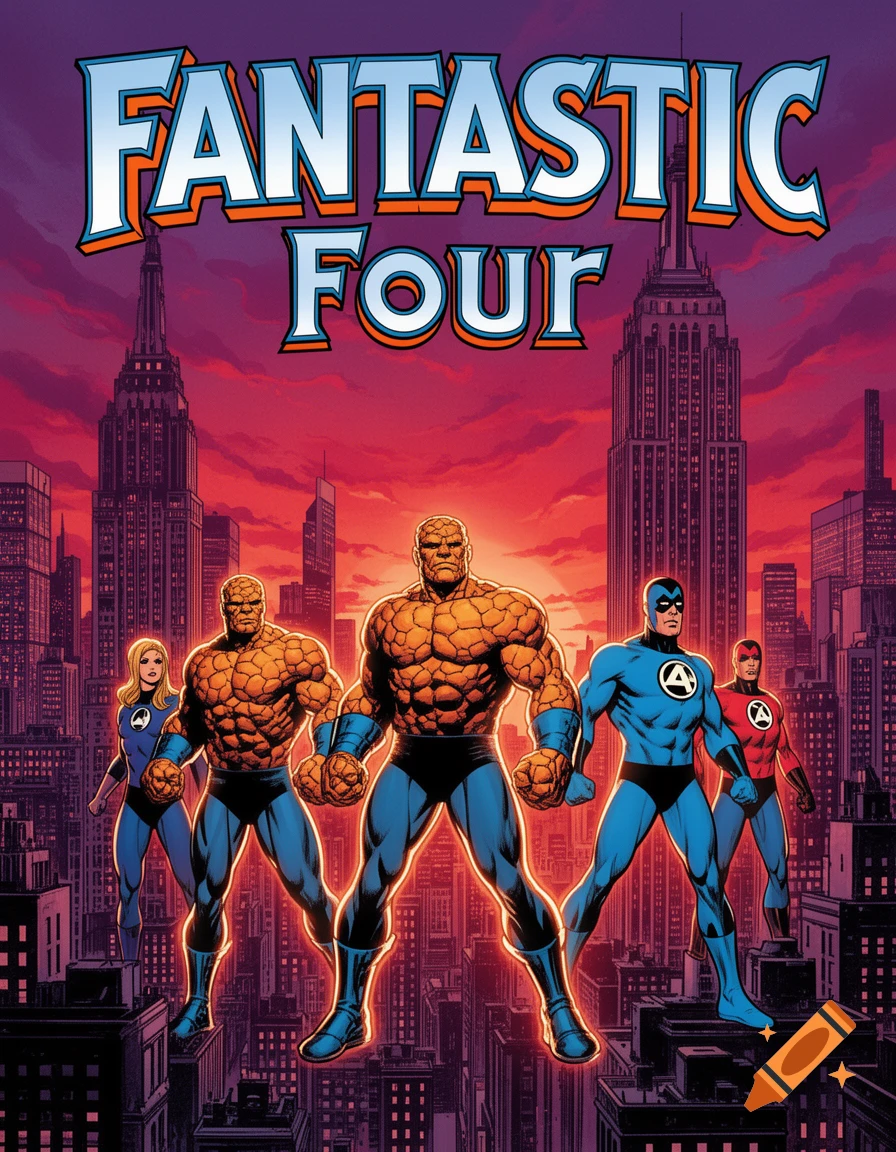 Comic art featuring the Fantastic Four (The Thing, Mr. Fantastic, Human Torch, Invisible Woman) on city rooftops with 'FANTASTIC FOUR' title.