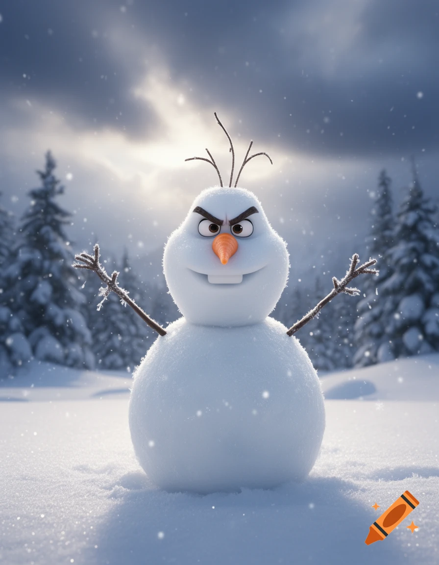 A photorealistic depiction of an angry Olaf the snowman standing in a snowy forest during a cloudy winter day.