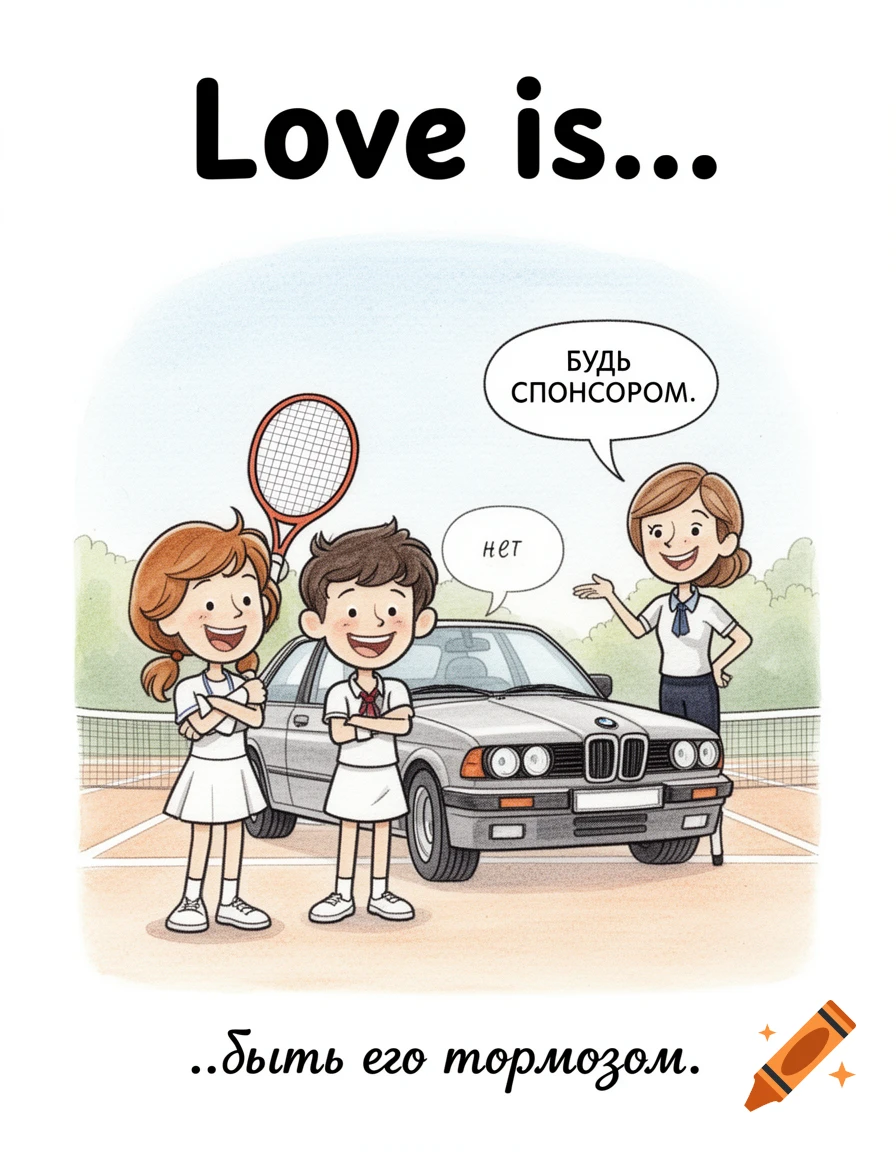 Cartoon tennis players and woman next to a BMW on court. Text 'Love is...', 'БУДЬ СПОНСОРОМ.', 'нет', '...быть его тормозом'.