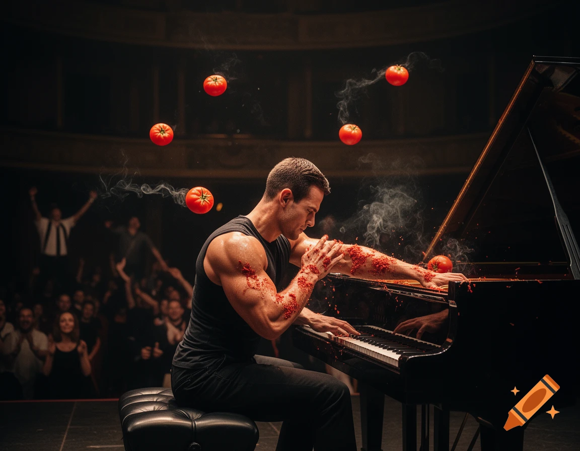 A muscular pianist on stage plays a grand piano, his arms covered in tomato, as smoking tomatoes fly around him and an audience watches.