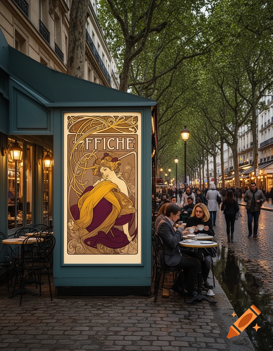 Photorealistic Paris street with a cafe featuring an illuminated Art Nouveau poster, with people dining outdoors on a wet evening.