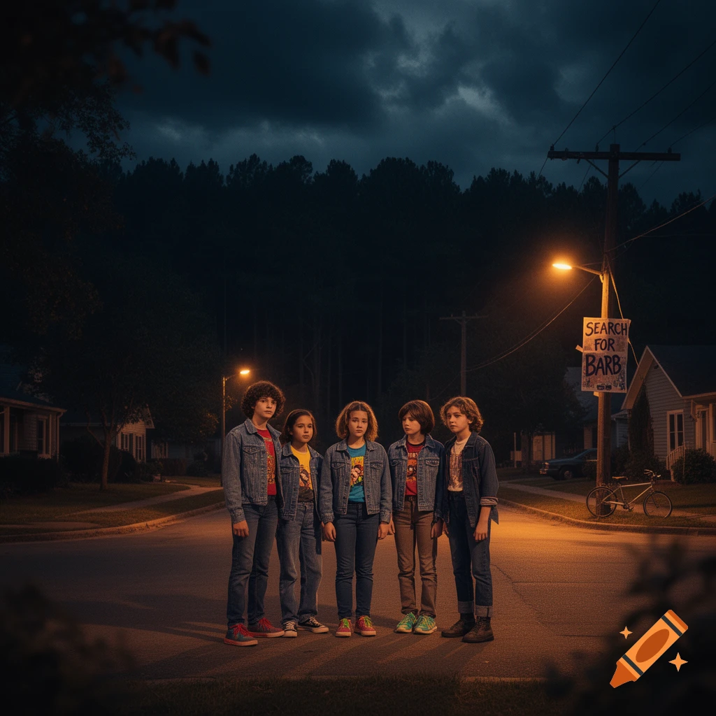 Five children in 80s-style denim jackets stand on a dark suburban street under a streetlamp. A "SEARCH FOR BARB" sign is on a pole.