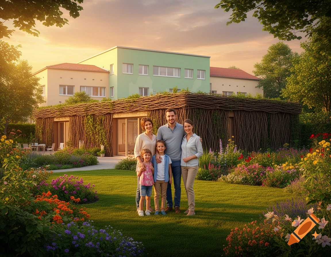 A family of four stands in a vibrant garden before a house with a unique woven, vine-covered structure, bathed in golden hour light.