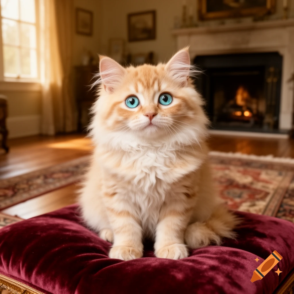 A fluffy orange and white kitten with bright blue eyes sits on a red velvet cushion in a cozy room with a fireplace.