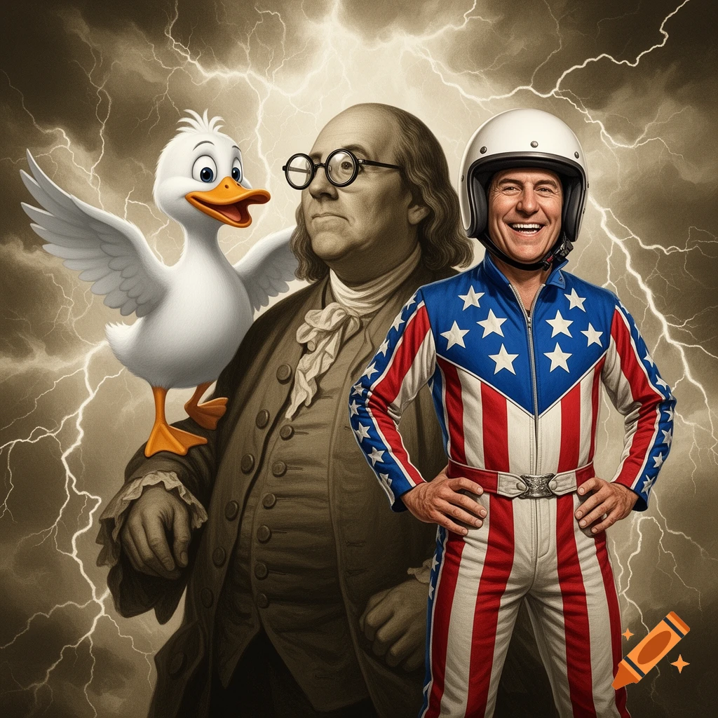 Benjamin Franklin, a white Aflac duck, and a man in an American flag jumpsuit pose against a stormy, lightning-filled sky.