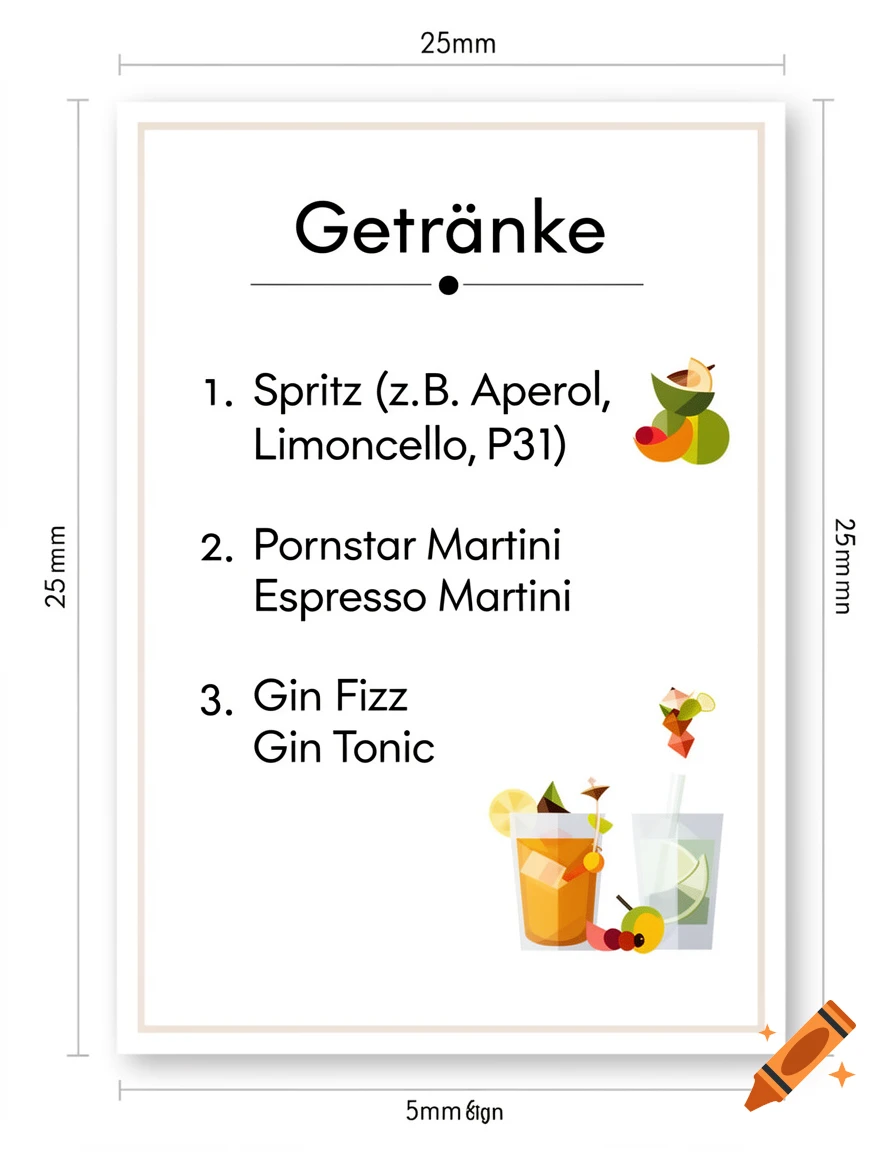 A minimalist white drink menu with a black title "Getränke" (Drinks) underlined with a dot, listing cocktails like Spritz, Pornstar Martini, Espresso Martini, Gin Fizz, and Gin Tonic, accompanied by abstract vector illustrations of fruit garnishes and drinks.