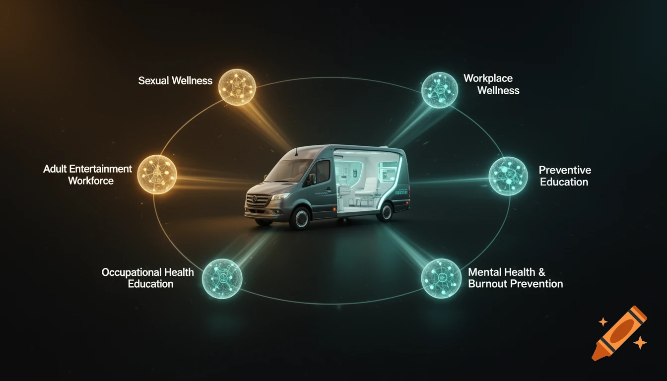 A sleek mobile consulting van at the center of a circular infographic with six glowing nodes representing various wellness and education markets, against a dark background with amber and teal lights.