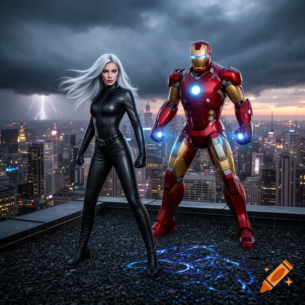 Black Cat and Iron Man stand on a dark rooftop overlooking a city under a stormy, lightning-filled sky.