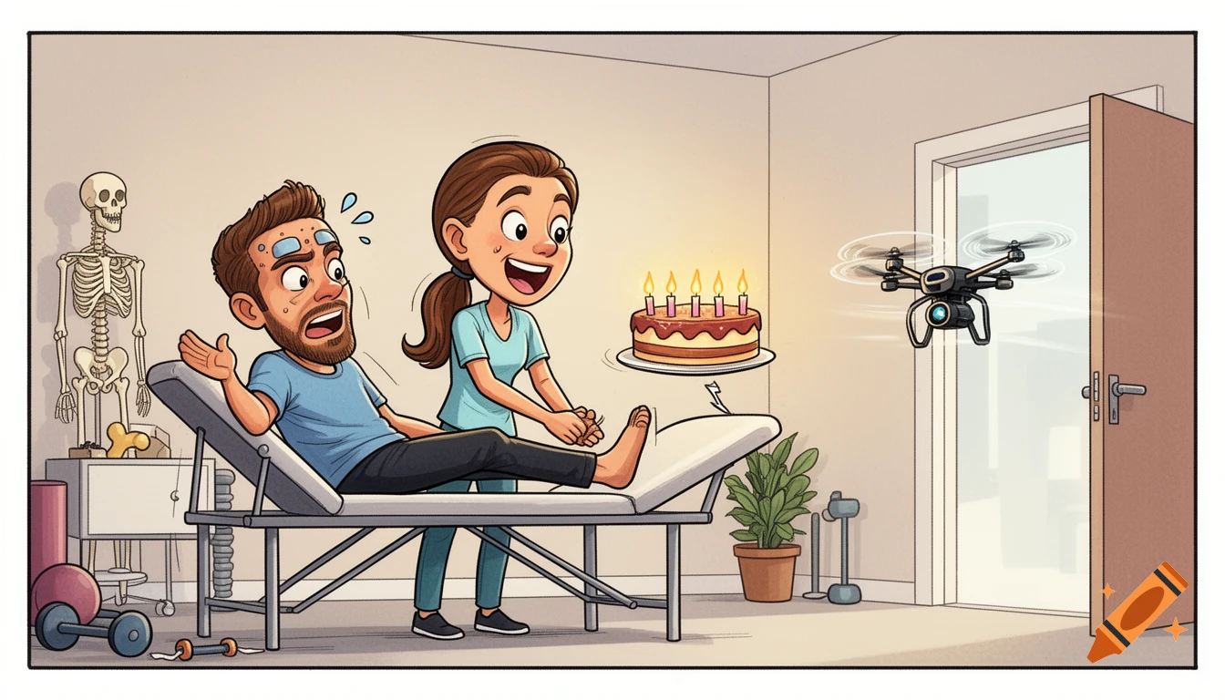 A humorous cartoon shows a man on a physio table, looking surprised as a female therapist stretches his leg while a drone delivers a birthday cake.