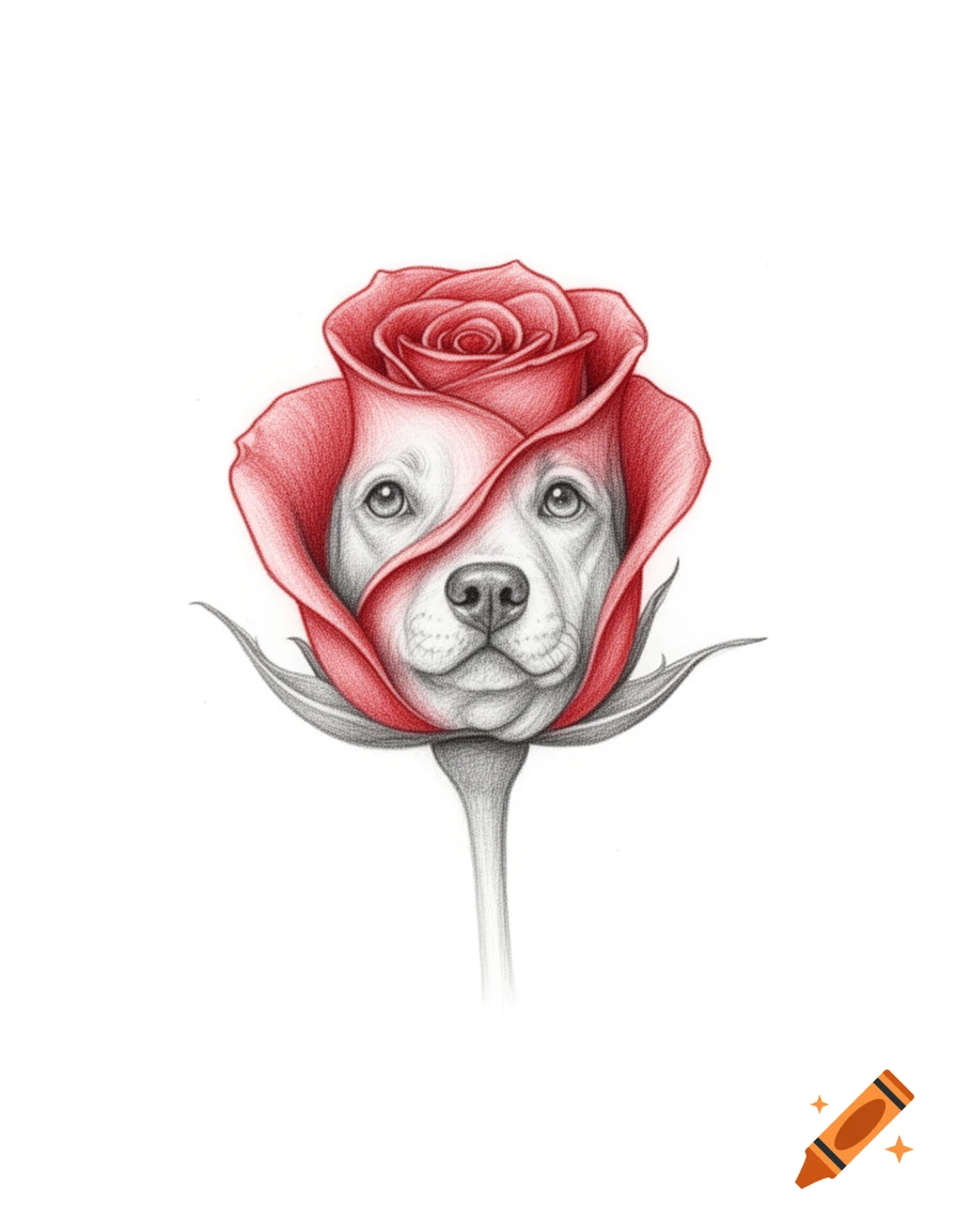 Pencil sketch of a red rose with a dog's face subtly blended into its petals, on a white background.