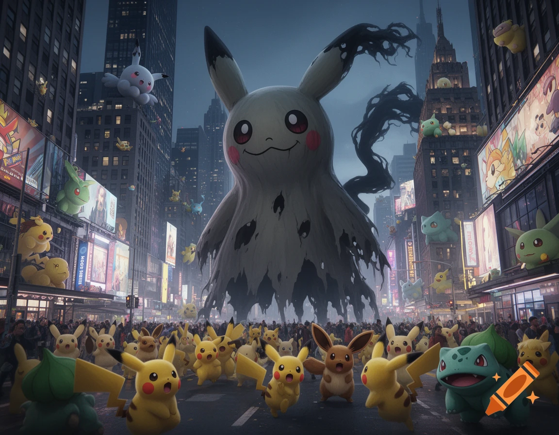 A giant Mimikyu looms over a crowded New York City street filled with various Pokémon, including many Pikachus, an Eevee, and a Bulbasaur.