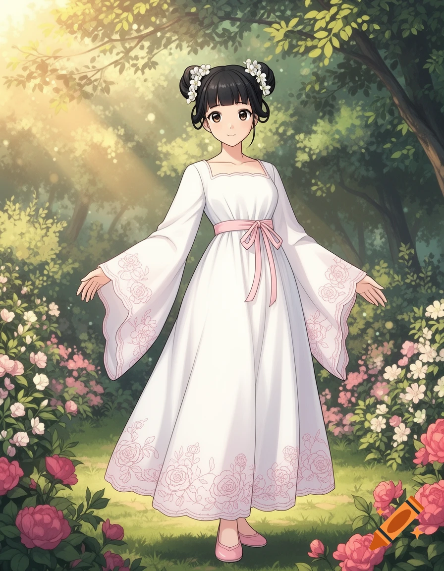 An anime girl with black space buns adorned with white flowers wears a white dress with a pink sash and pink floral embroidery, standing in a sunny garden filled with blooming pink flowers.