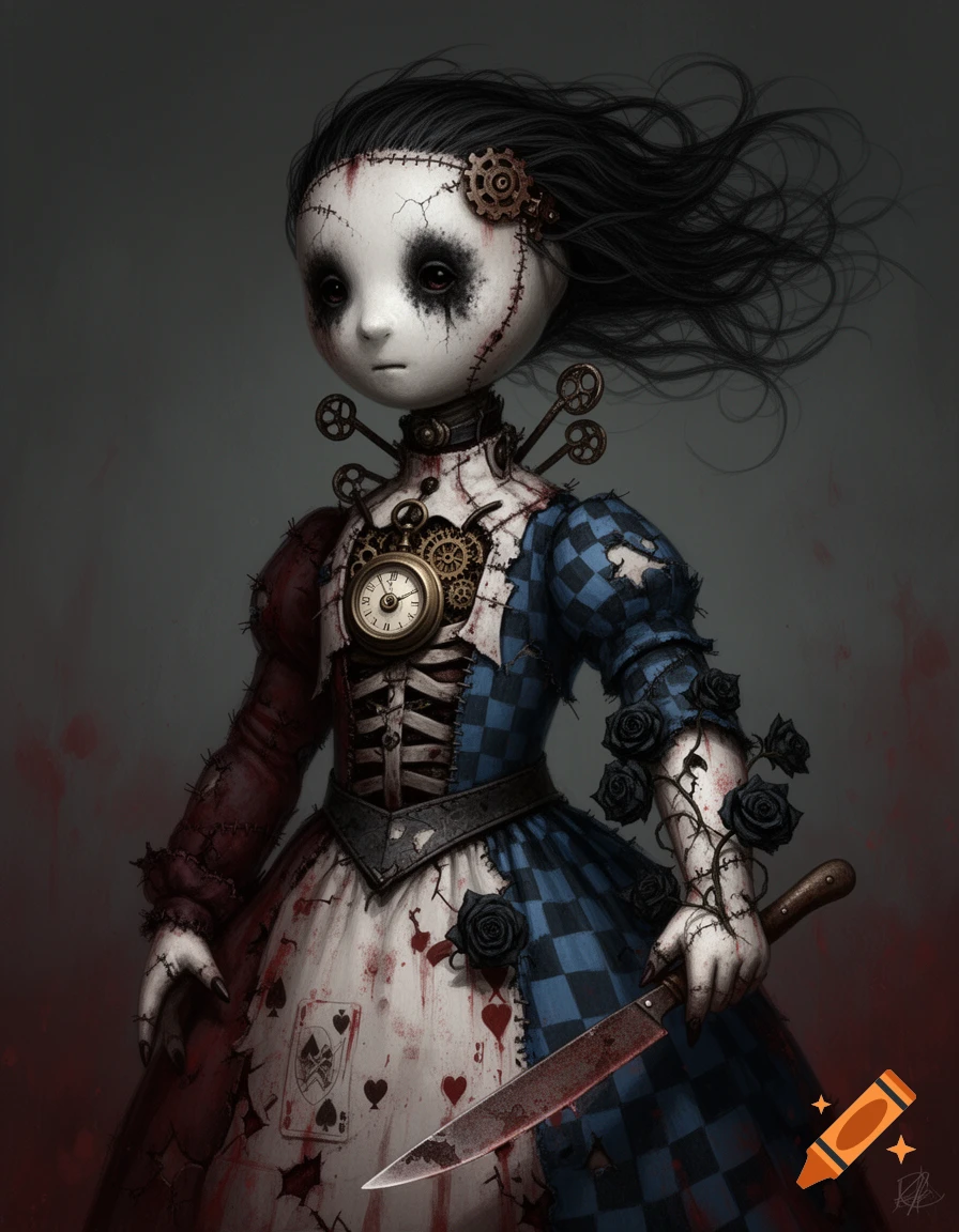 A dark, doll-like figure from Alice Madness Returns, with pale, cracked skin and stitches, holds a bloody knife. She wears a tattered blue, white, and red dress with playing card motifs, gears, and a clock face on her chest. Stylized with a Victorian gothic aesthetic.