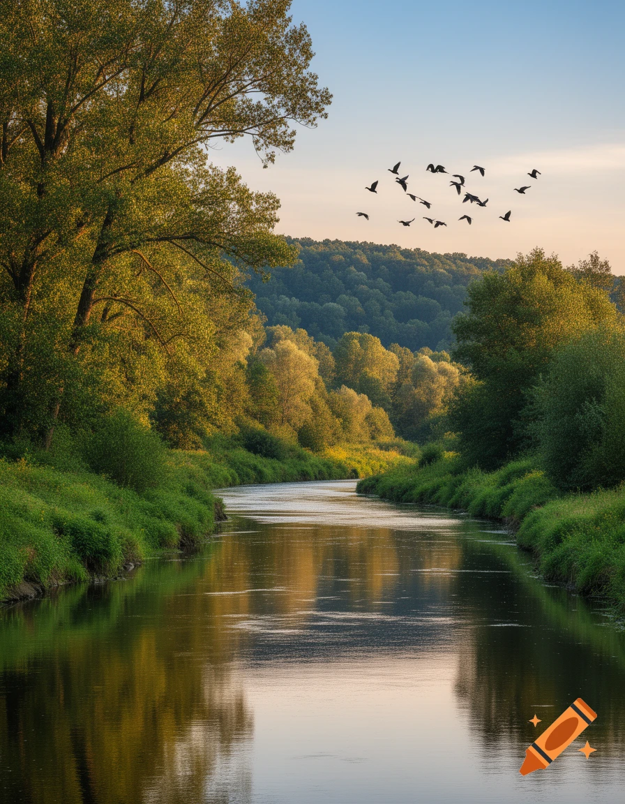 A photorealistic river winds through a lush green forest at sunset, with birds flying in the sky.