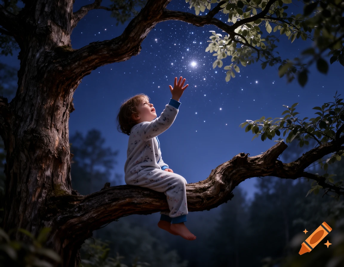 A photorealistic image of a small child in pajamas sitting on a tree branch at night, reaching up towards sparkling stars.