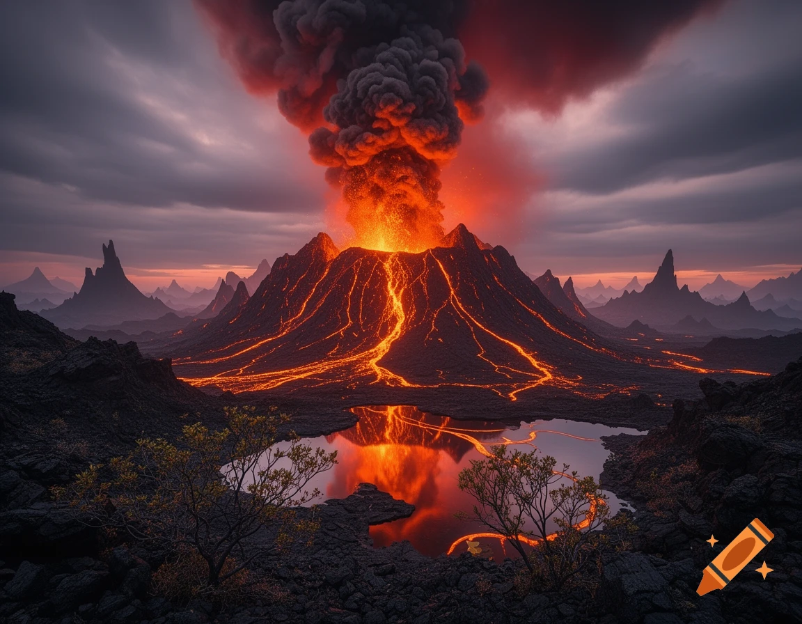 A dramatic volcanic eruption at dusk, with bright orange lava flowing down dark mountains, heavy smoke in the sky, and reflections in a lake.