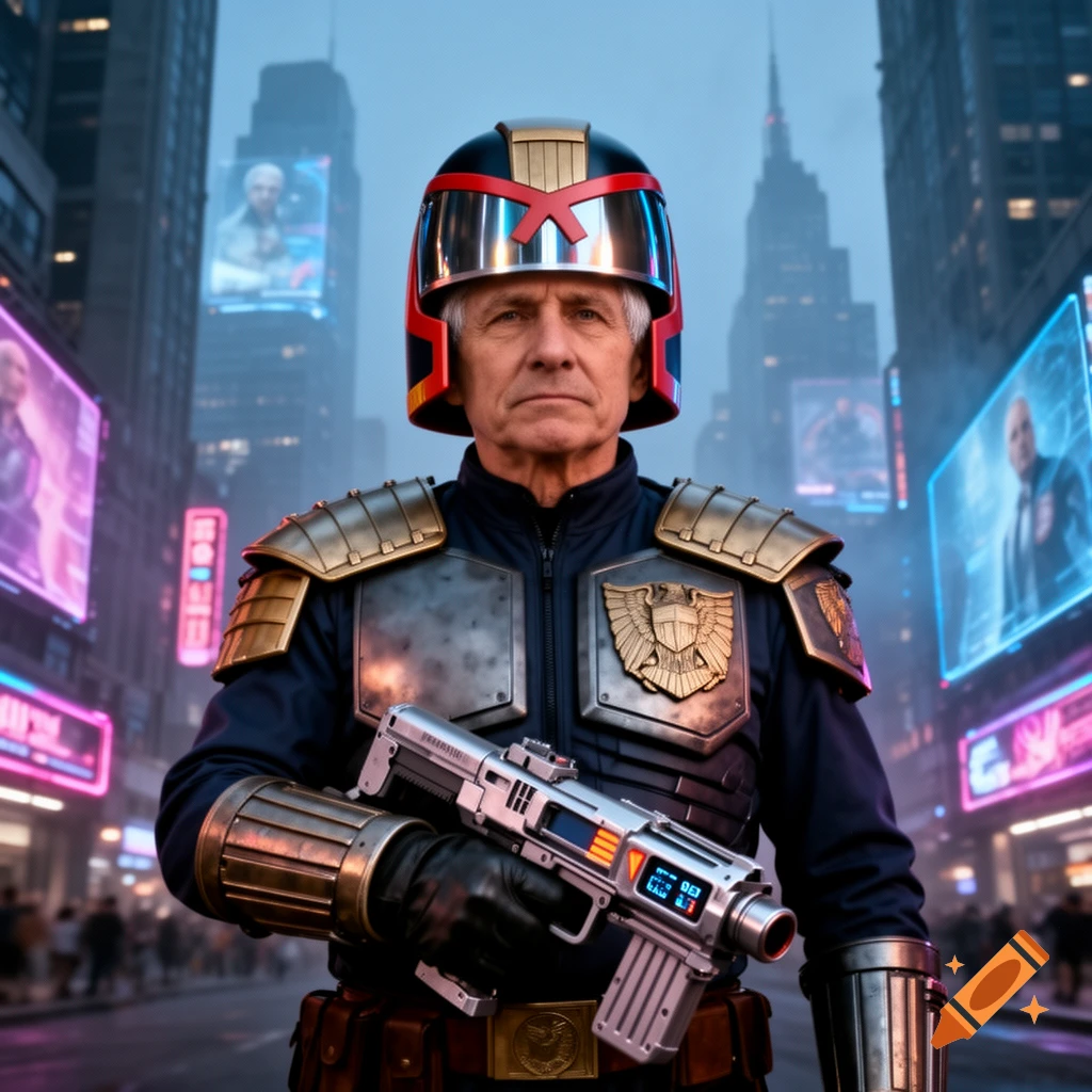 A man resembling Anthony Fauci, dressed as Judge Dredd in a futuristic uniform with a helmet and holding a sci-fi gun, stands in a neon-lit city street.