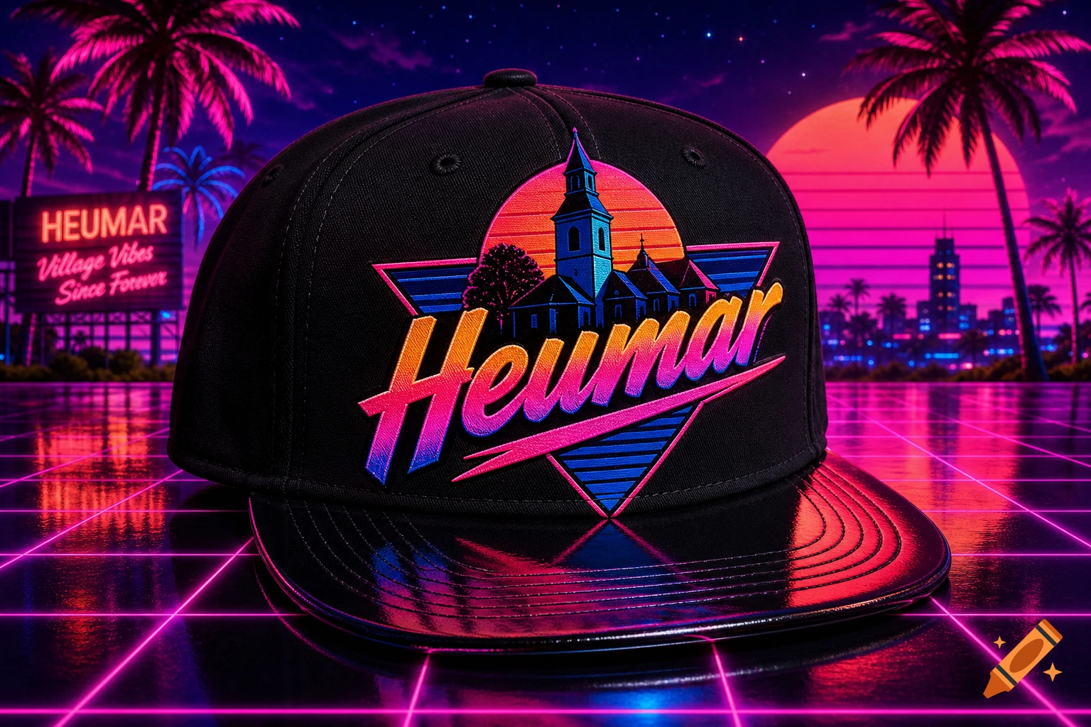 A black baseball cap with a colorful "Heumar" logo in 80s synthwave style, set against a neon cityscape with palm trees.