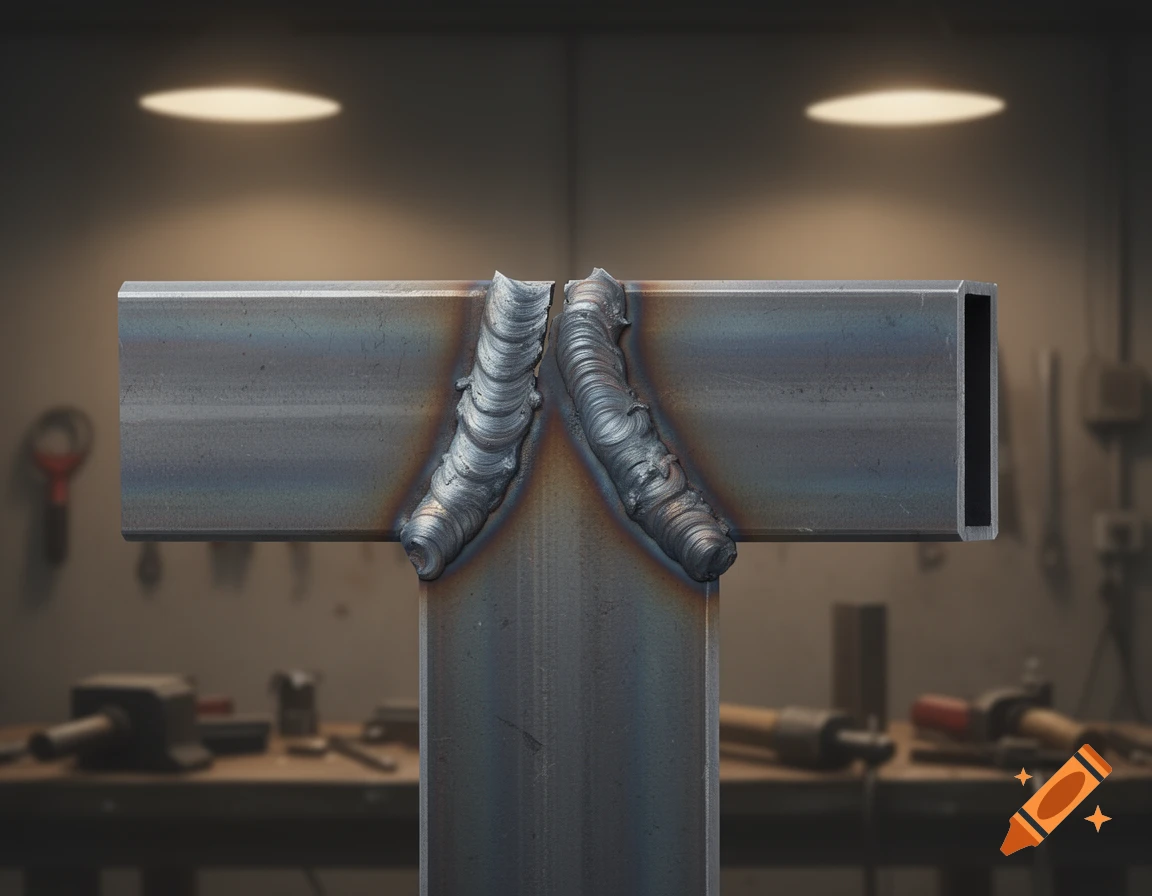 Close-up of two steel plates T-welwelded with corner welds, showing weld beads and lack of end overlap in a workshop.