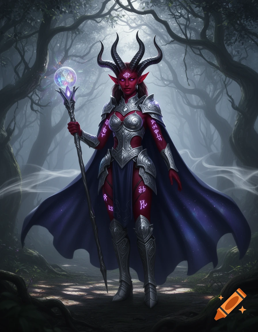 A red-skinned female tiefling warlock with horns, armor, and a dark cape stands in a misty forest, holding a glowing staff.