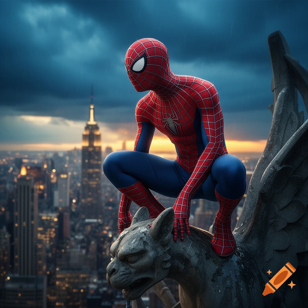 Hyper-realistic Spider-Man crouches on a stone gargoyle high above a New York City skyline at dusk, moody and dramatic.
