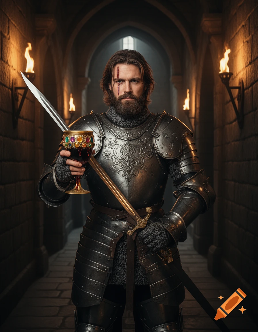 A bearded knight in full armor stands in a castle corridor, holding a bejeweled goblet and a sword.