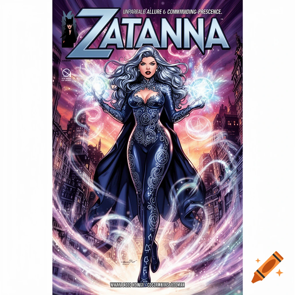 A comic book cover showing Zatanna, a female superhero with silver hair, in a form-fitting dark blue costume, conjuring glowing blue orbs against a vibrant cityscape backdrop.